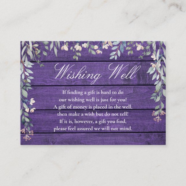 Purple Rustic Wood Floral Wishing Well Wedding Enclosure Card (Front)