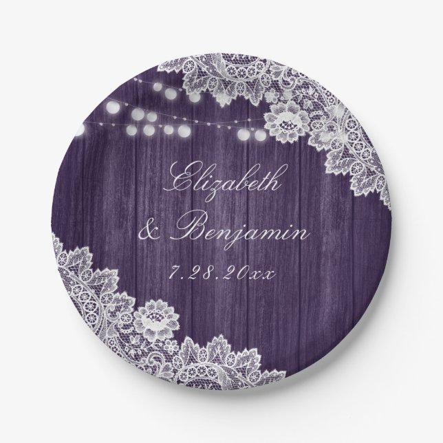 Purple Rustic Wood Lace String Lights Wedding Paper Plate (Front)