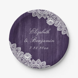 Purple Rustic Wood Lace String Lights Wedding Paper Plate
