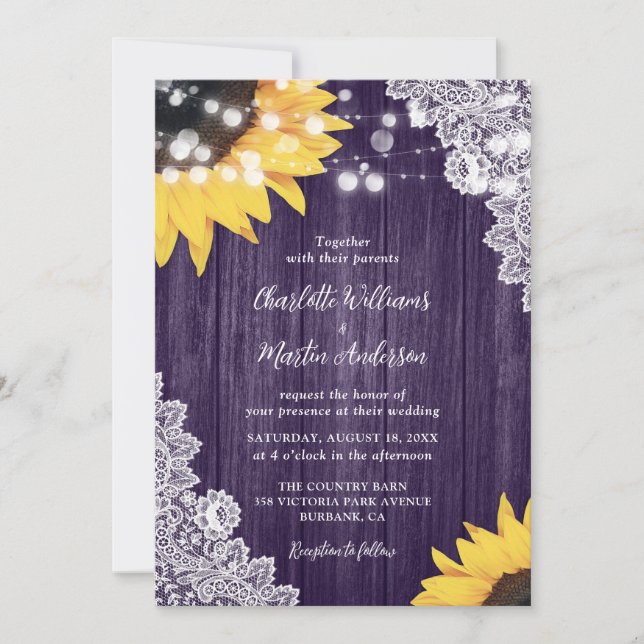 Purple Rustic Wood Lace Sunflower Wedding Invitation (Front)