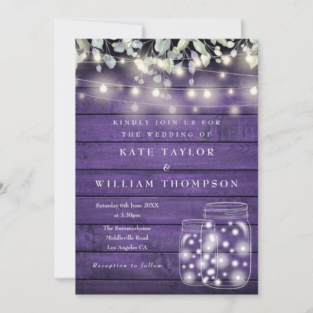 Purple Rustic Wood Lights Mason Jar Wedding Invitation (Front)