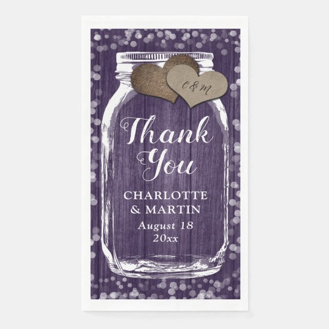 Purple Rustic Wood Mason Jar Wedding Thank You  Napkin (Front)
