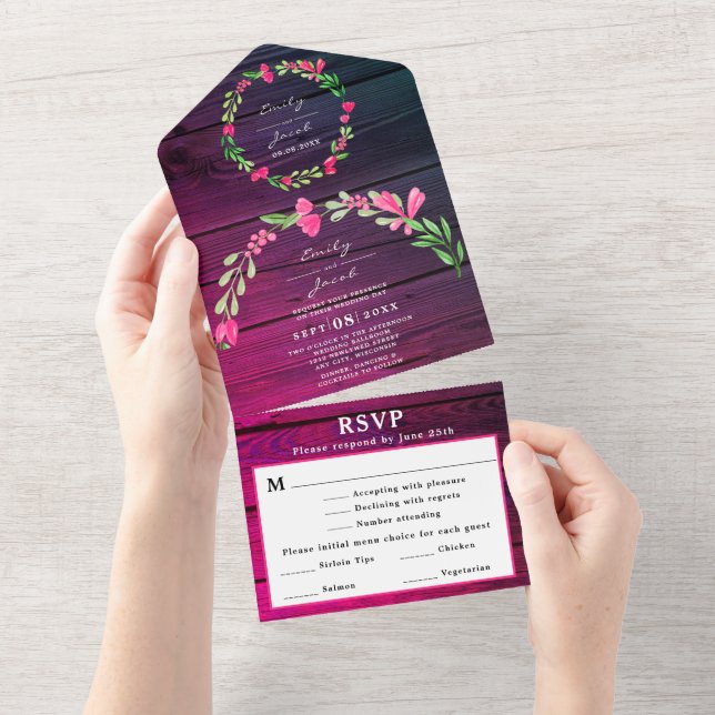 Purple Rustic Wood Pink Floral Country Wed RSVP All In One Invitation (Tearaway)
