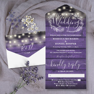 Purple Rustic Wood String Lights Floral Wedding All In One Invitation