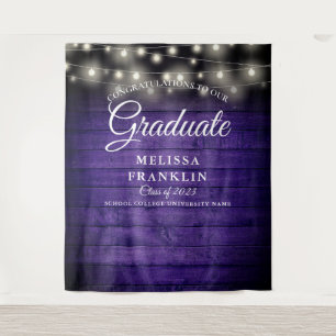 Purple Rustic Wood String Lights Graduate Backdrop Tapestry