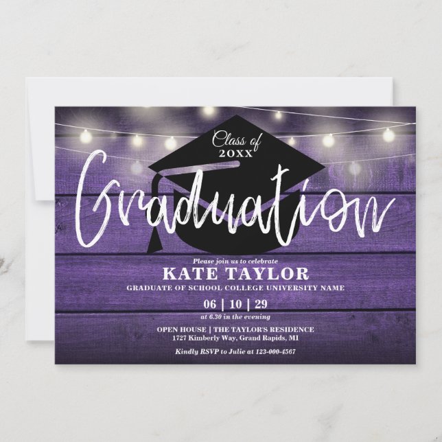 Purple Rustic Wood String Lights Graduation Party Invitation (Front)