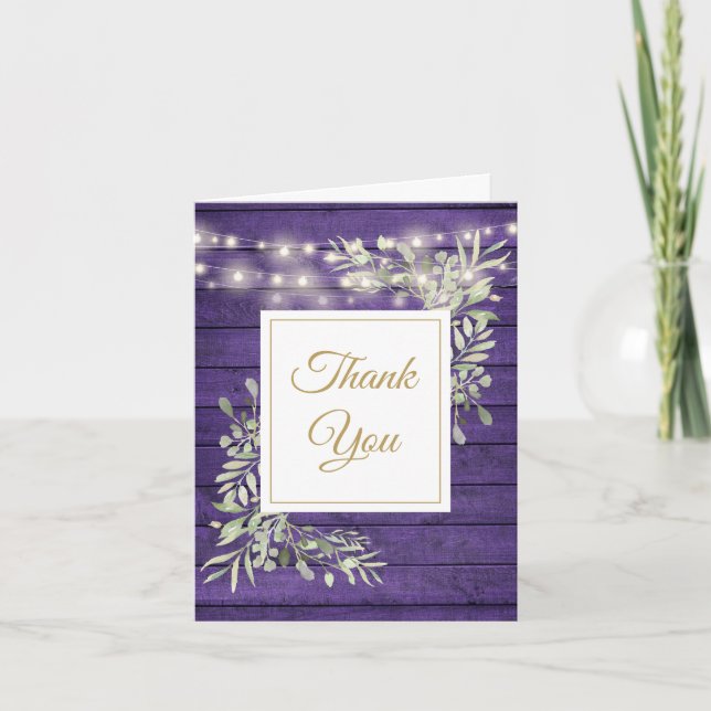 Purple Rustic Wood String Lights Greenery Photo Thank You Card (Front)