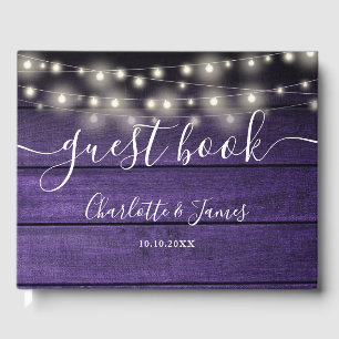 Purple Rustic Wood String Lights Photo Wedding Guest Book