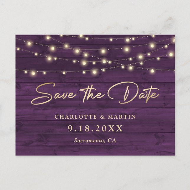 Purple Rustic Wood String Lights Save The Date Announcement Postcard (Front)