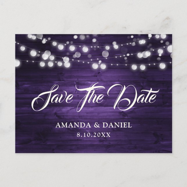 Purple Rustic Wood String Lights Wedding Announcement Postcard (Front)