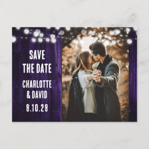 Purple Rustic Wood String Lights Wedding Photo Announcement Postcard
