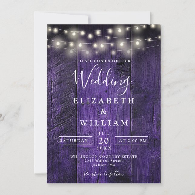 Purple Rustic Wood Wedding String Lights QR Code Invitation (Front)