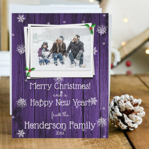 Purple Rustic Wooden Flat Holiday Photo Card