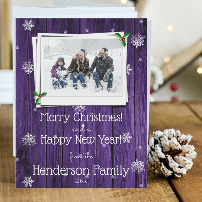Purple Rustic Wooden Flat Holiday Photo Card (Purple Rustic Wooden Photo Christmas Card)