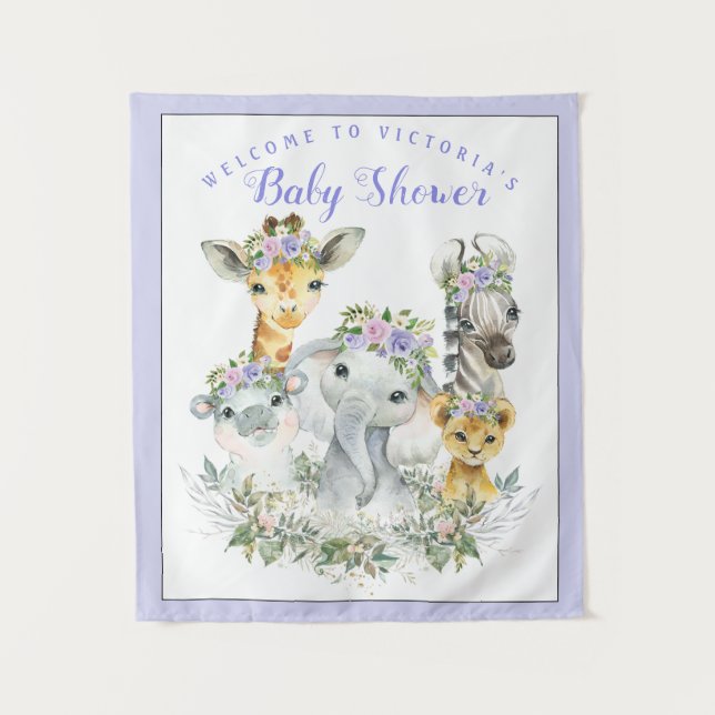 Purple Safari Baby Shower Banner Backdrop Tapestry (Front)