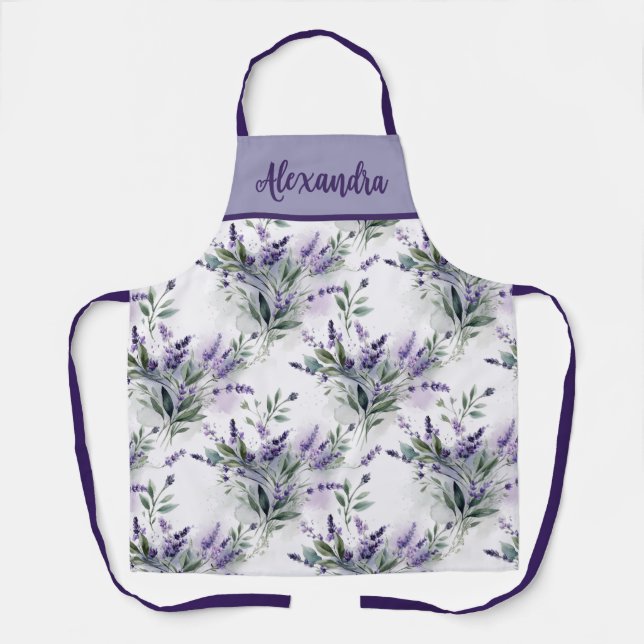 Purple Sage Green Lavender Custom Name Apron (Front)