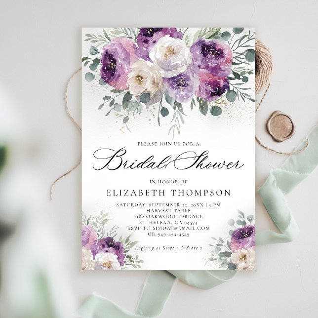 Purple Sage Lavender Eucalyptus Chic Bridal Shower Invitation (rustic purple bridal shower invitation watercolor elegant floral eucalyptus lavender mauve barn)