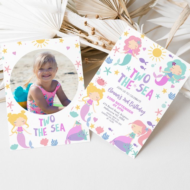 Purple Sage Photo Mermaid Two The Sea 2nd Birthday Invitation (Two the Sea Mermaids 2nd birthday invitation, Mermaids Sea, Ocean Girls 2nd Birthday Invitation,  )