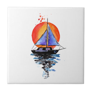 Purple Sails Boat Ceramic Tile