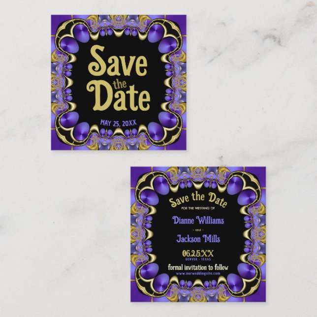 Purple Satin and Gold Save the Date Cards (Front/Back)