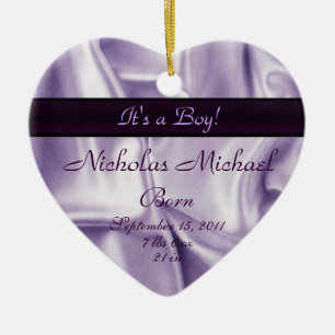 Purple Satin Birth Announcement Keepsake Ceramic Tree Decoration