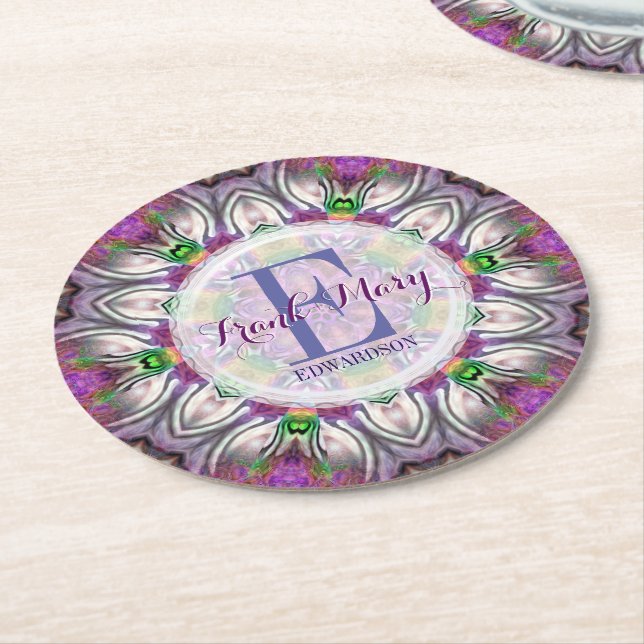 Purple Satin Geometry Star Monogram Paper Coasters (Angled)