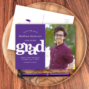 Purple save date graduation photo bold typography invitation postcard