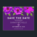 Purple Save the Date Bat Mitzvah Floral Watercolor Invitation Postcard<br><div class="desc">Make sure all your friends and relatives will be able to celebrate your daughter’s milestone Bat Mitzvah! Send out this chic, stunning, purple pink floral watercolor with modern san serif type against a dark plum purple background, personalised “Save the Date” announcement postcard. Personalise the custom text with your Bat Mitzvah’s...</div>