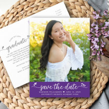 Purple Save the Date Graduation Photo Script Heart