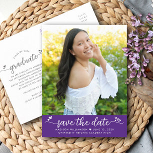 Purple Save the Date Graduation Photo Script Heart Invitation Postcard