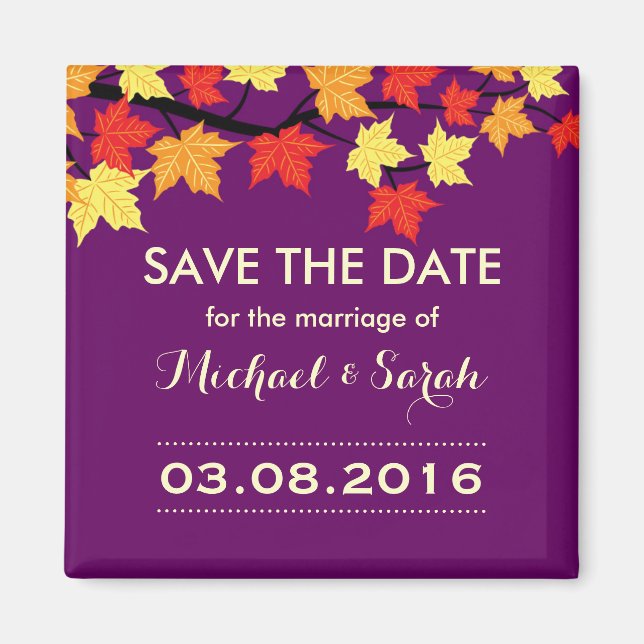 Purple Save The Date Maple Autumn Wedding Magnet (Front)
