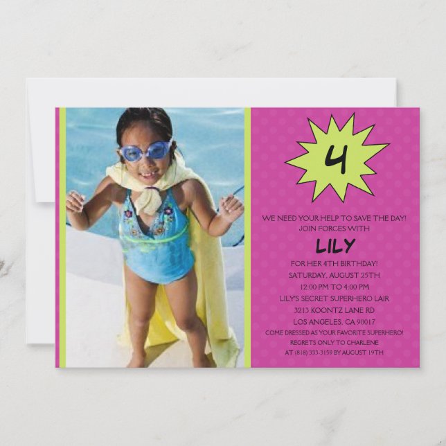 Purple Save the Day Superhero Photo Birthday Party Invitation (Front)