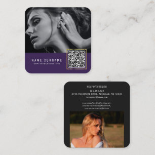 Purple scannable barcode QR code photo Square Business Card