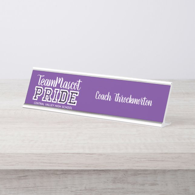 Purple School Pride Mascot Name Desk Plate (Front)