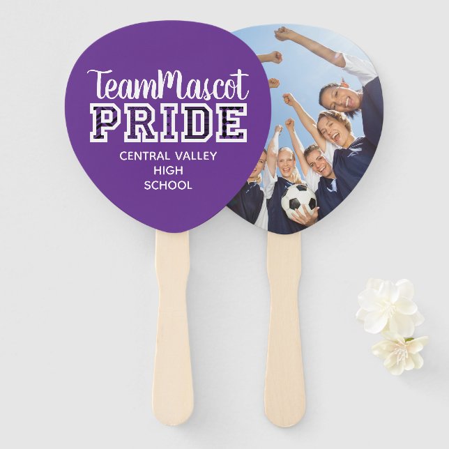 Purple School Pride Mascot Name Hand Fan (Front and Back)