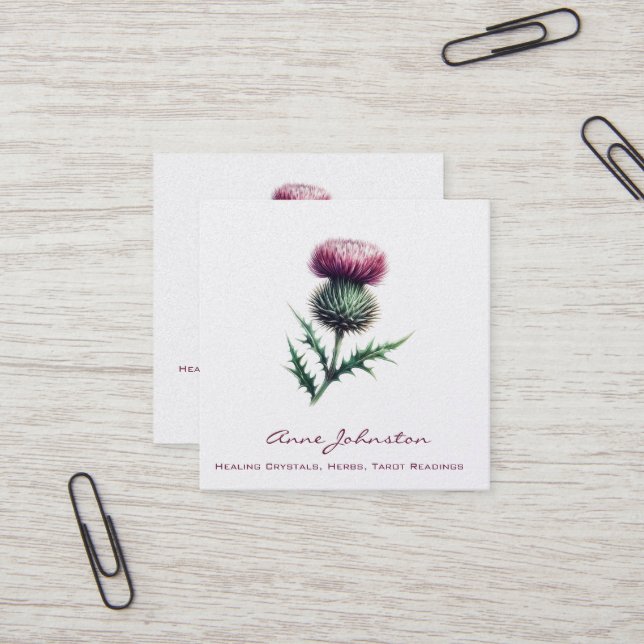 Purple Scottish Thistle Square Business Card (Front/Back In Situ)
