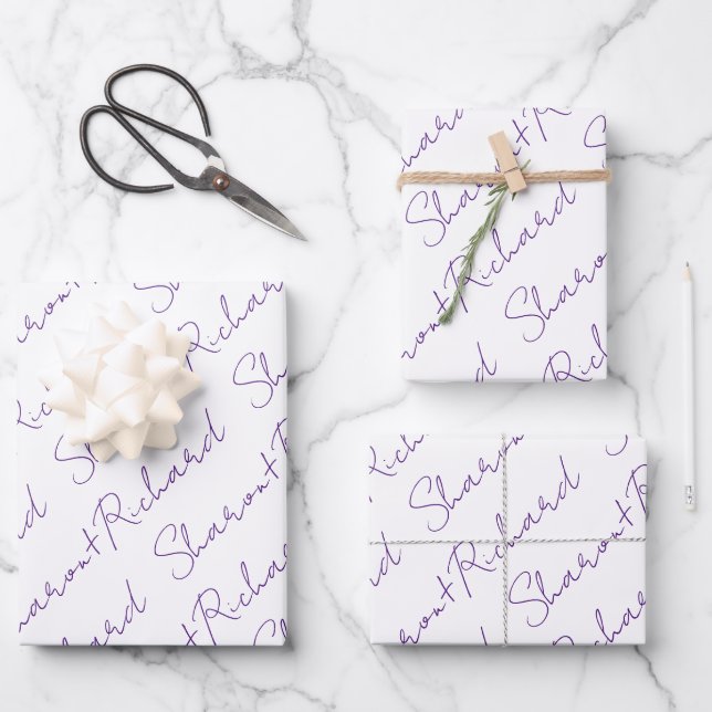 Purple script calligraphy names wedding wrapping paper sheet (Front)