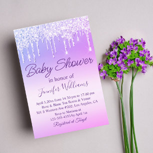 purple script dripping glitters girl baby shower invitation