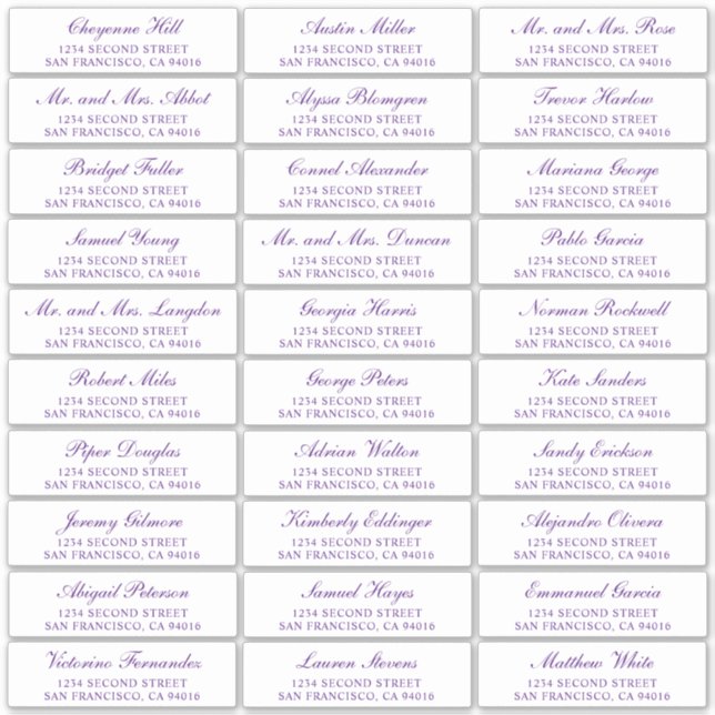 Purple Script Elegant Wedding Guest Address Labels (Front)