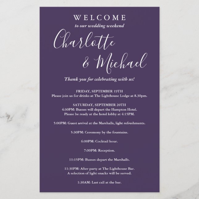 Purple Script Guest Wedding Weekend Program (Front)