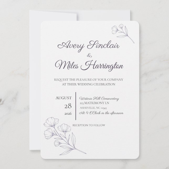 Purple Script Line Art Wedding Invitation (Front)