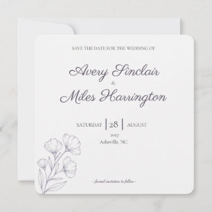 Purple Script Line Art Wedding Save the Date