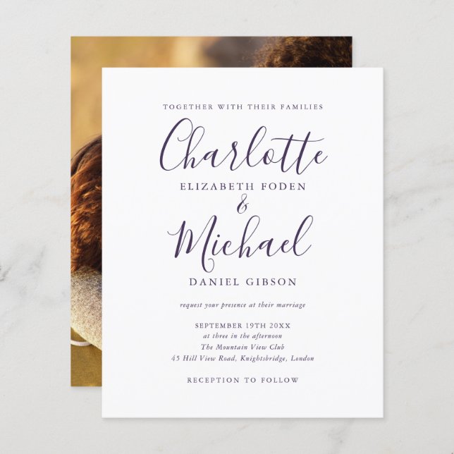 Purple Script Photo Budget Wedding Invitation (Front/Back)