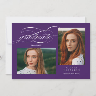 Purple Script QR Code 3 Photo Graduation Party Invitation