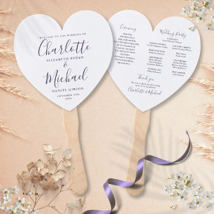 Purple Script Wedding Program Heart Hand Fan