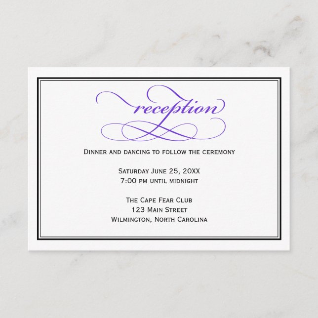 Purple Script Wedding Reception Details Card (Front)