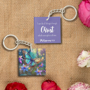 Purple Scripture Philippians 4:13 Butterfly Flower Key Ring