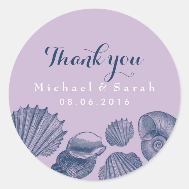 Purple Sea shells Beach Wedding Thank You Sticker (Front)