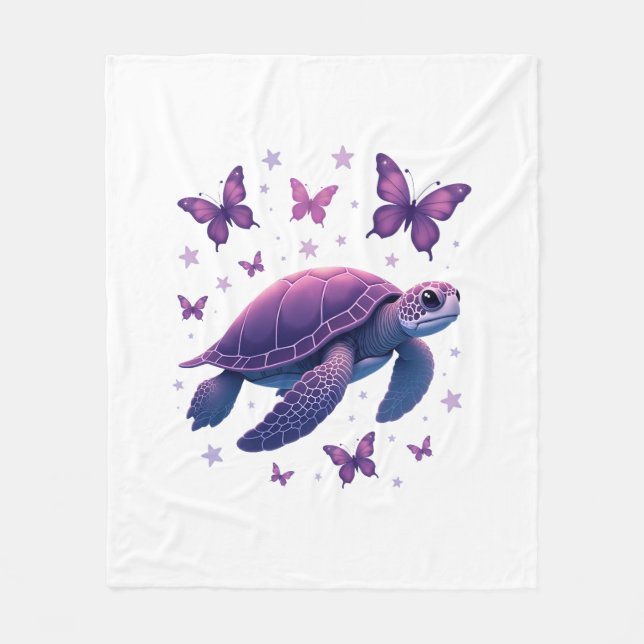 Purple - Sea Turtle Butterfly T-Shirt Fleece Blanket (Front)