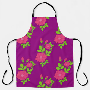 Purple seamless pattern with pink flowers and gree apron